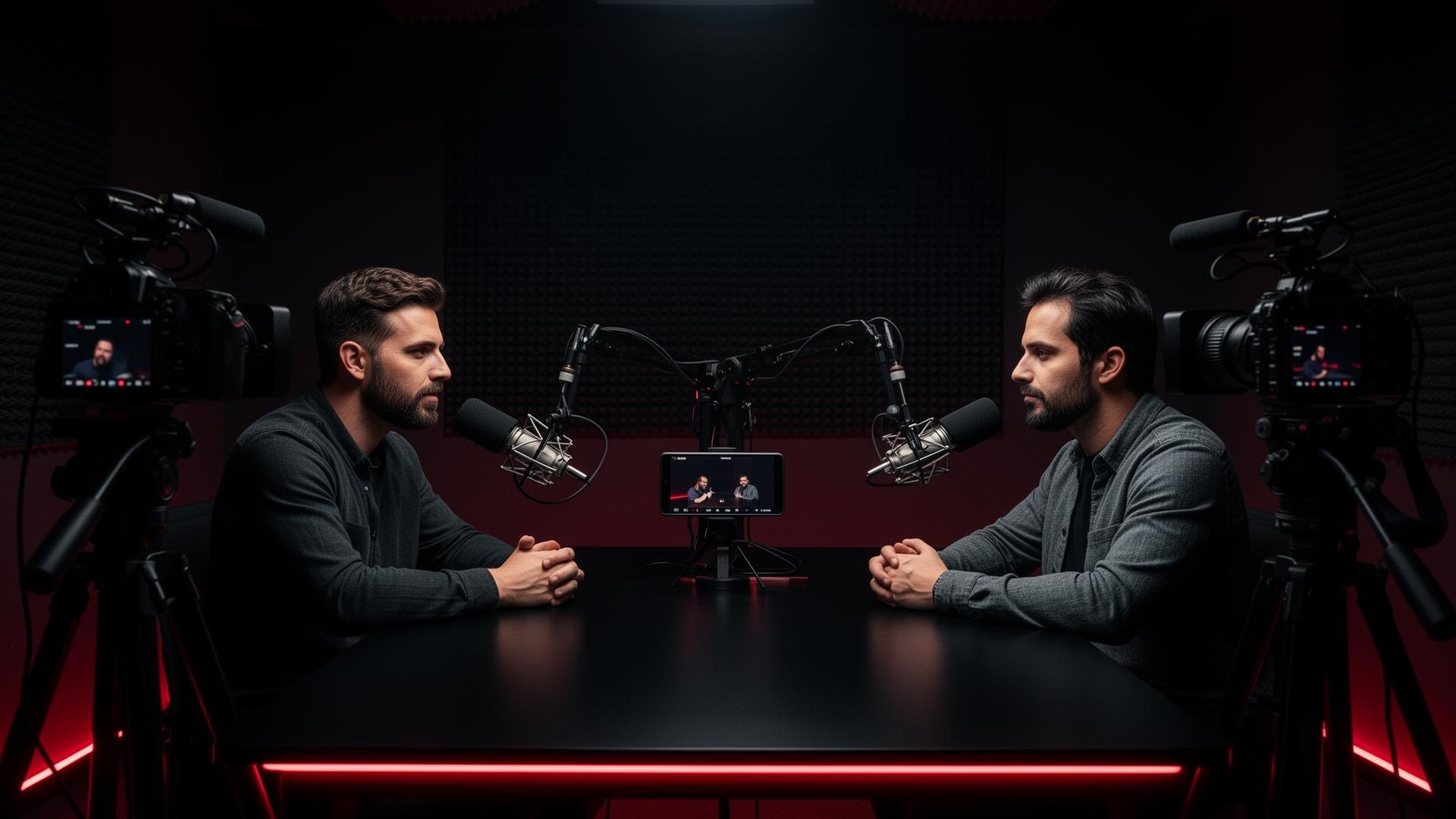 Two creators recording a video podcast